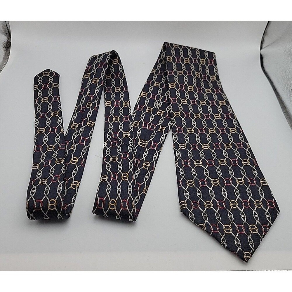 Don Loper Beverly Hills Italian Silk Tie ~USA~ Navy Blue w/Gold, Red, Tan Accent